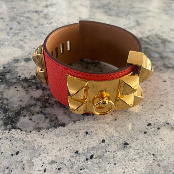 Authentic Hermes CDC Collier de Chien Orange Epsom Leather Bracelet GHW Gold - Picture 4 of 8